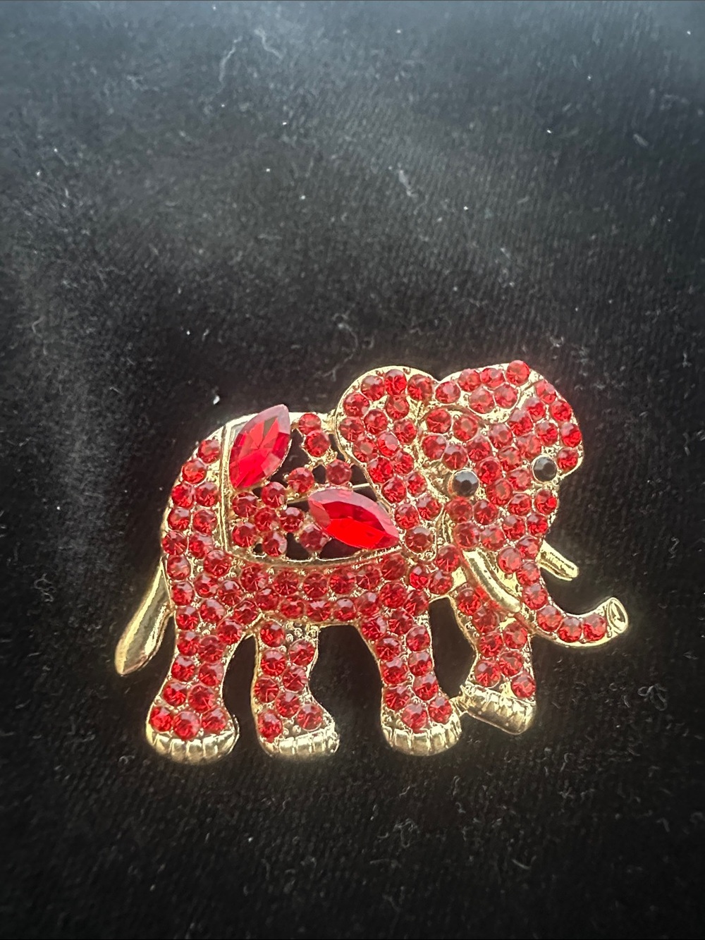 Gold-Tone Red Crystal Elephant Brooch - Statement Jewelry